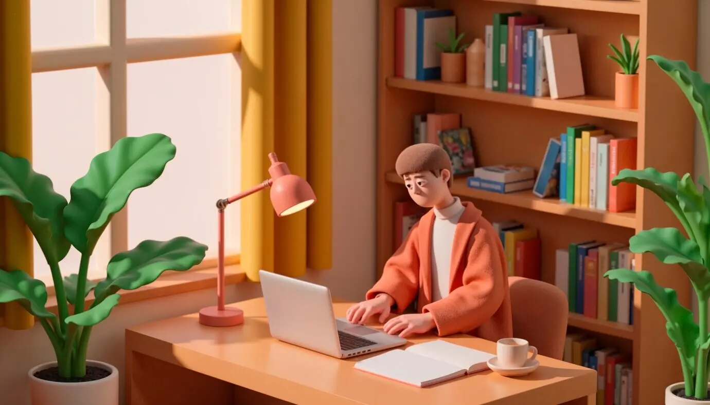 Gemütliche Homeoffice-Umgebung mit einer Person, die an einem Laptop arbeitet.